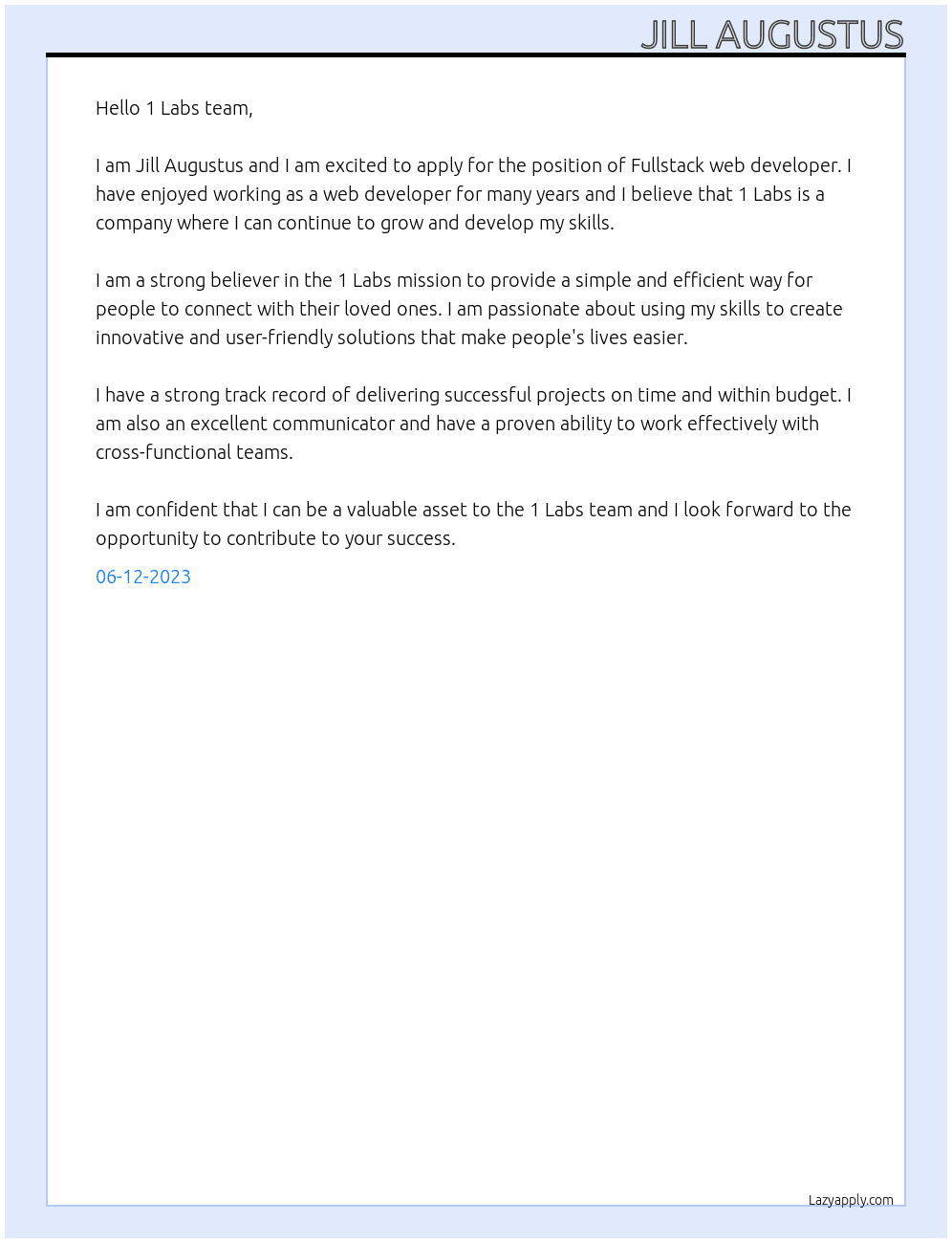 Fullstack web developer At 1 labs Cover Letter