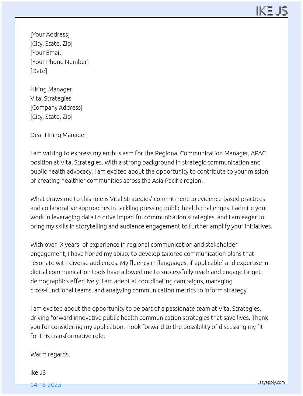 regional communication manager APAC At Vital Strategies Cover Letter