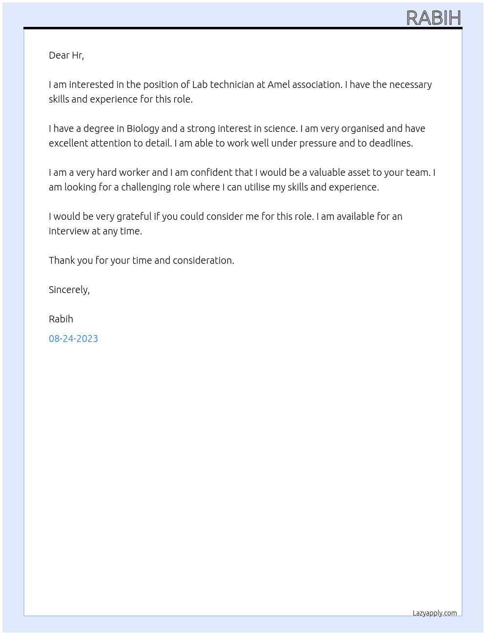 Lab technician  At Amel association  Cover Letter