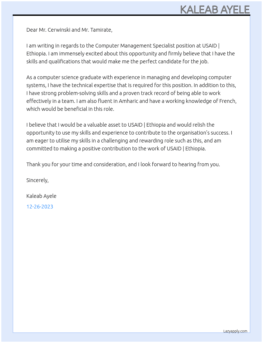 Computer Management Specialist At USAID | Ethiopia Cover Letter