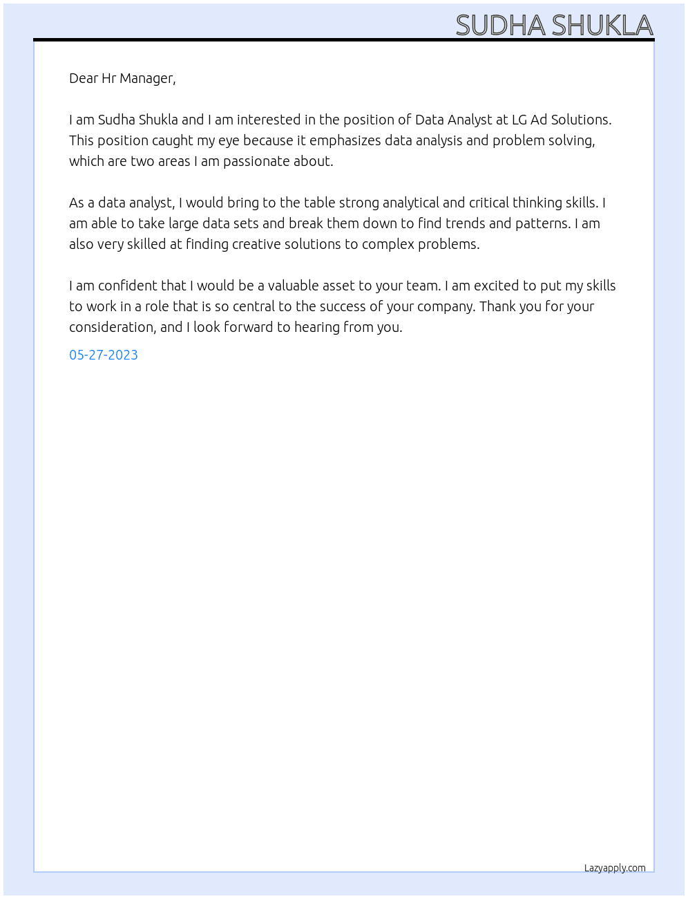 Data Analyst At LG Ad soultions Cover Letter