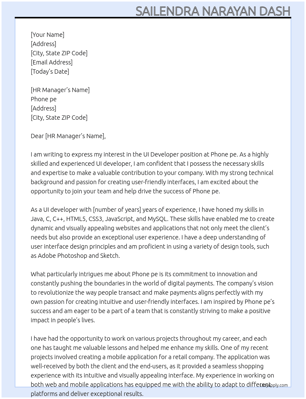 UI developer  At Phone pe Cover Letter