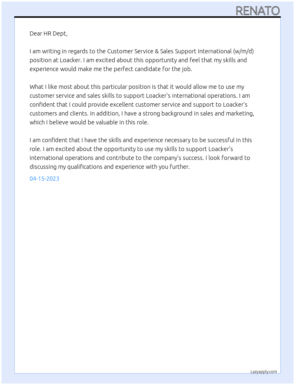 Customer Service & Sales Support International (w/m/d) At Loacker Cover Letter