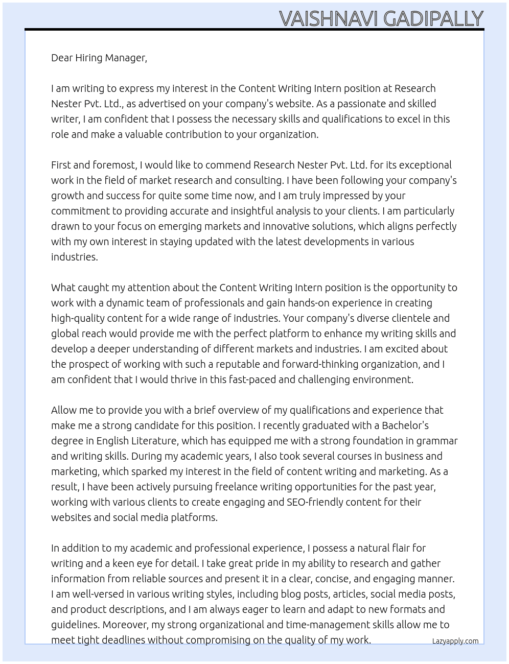 CONTENT WRITING INTERN At Research Nester Pvt. Ltd. Cover Letter
