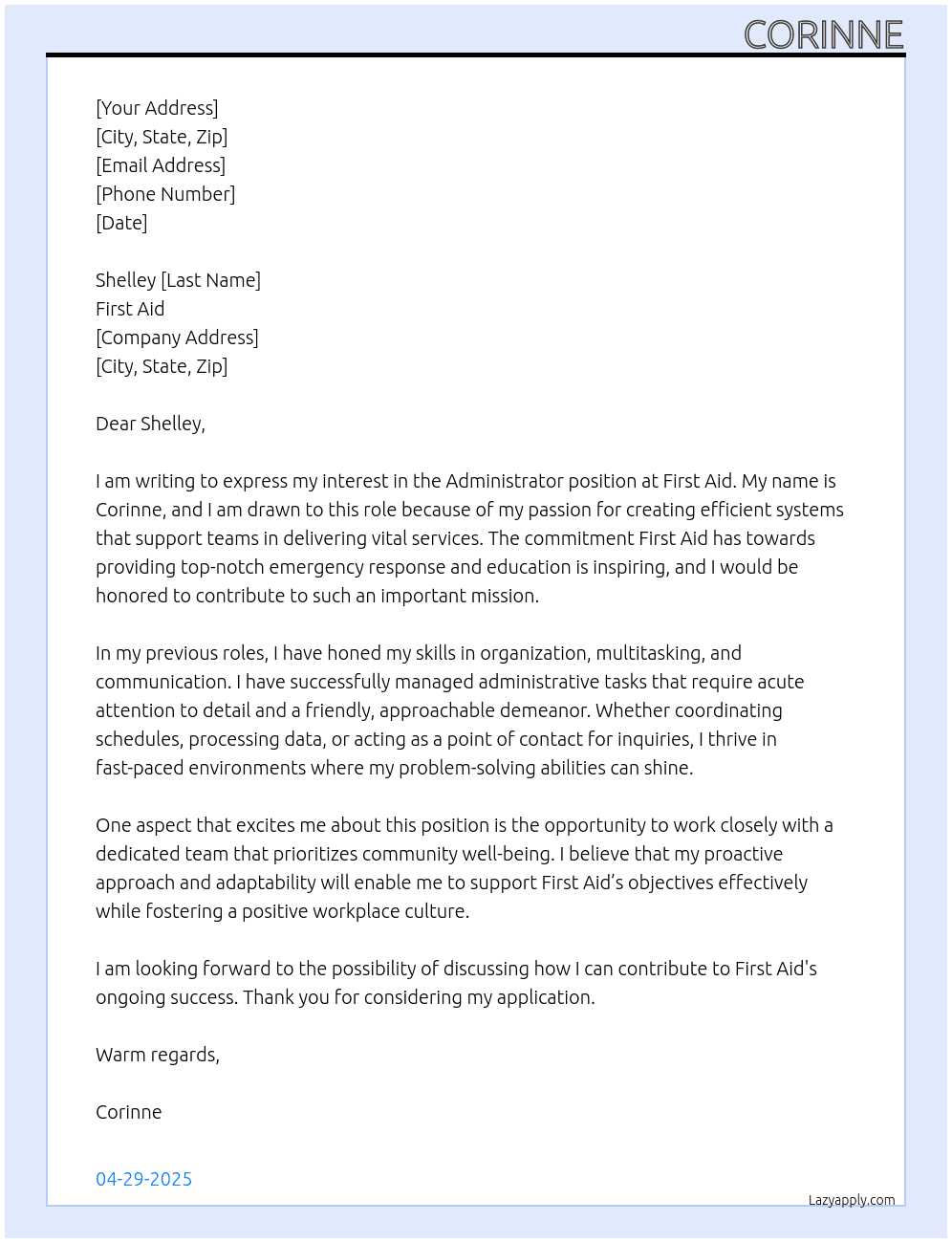 Admionistrator At First Aid Cover Letter