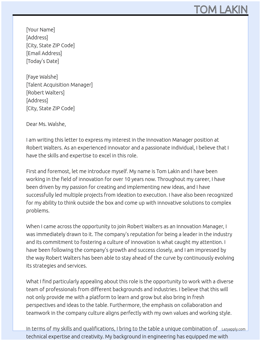 Innovation manager At Robert Walters Cover Letter