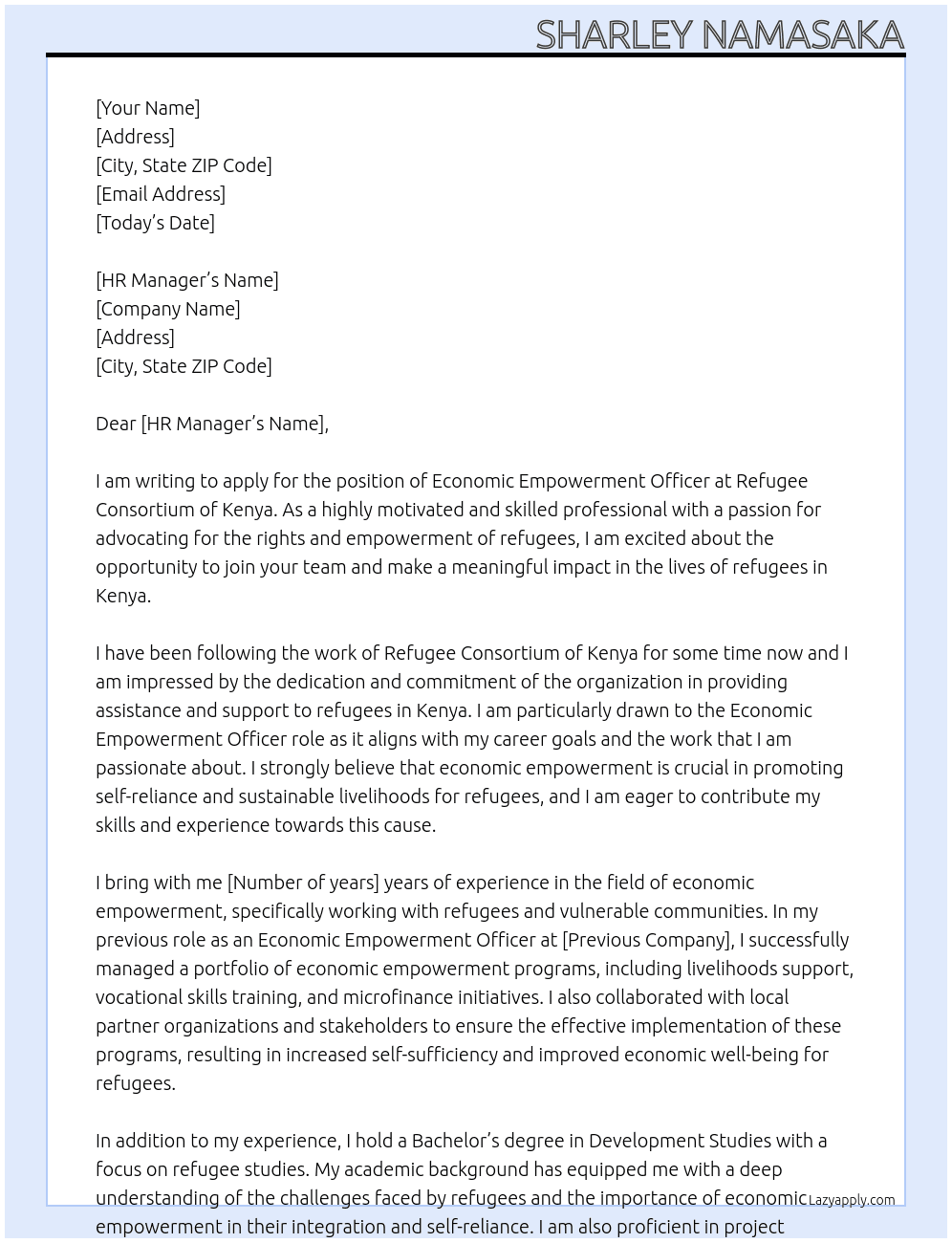 Economic Empowerment  Officer  At Refugee Consortium of Kenya  Cover Letter