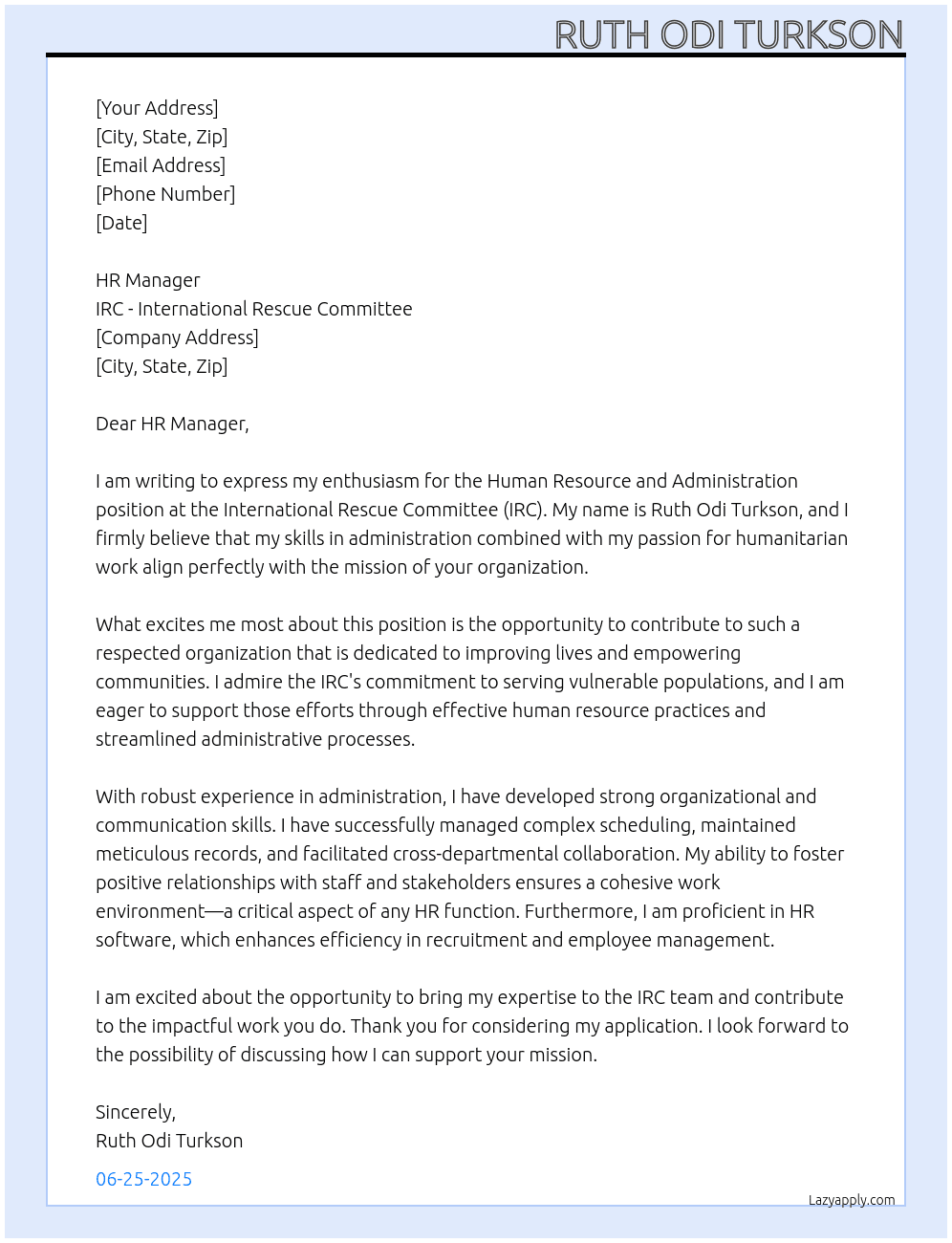 Cover letter for human resource and administration - LazyApply