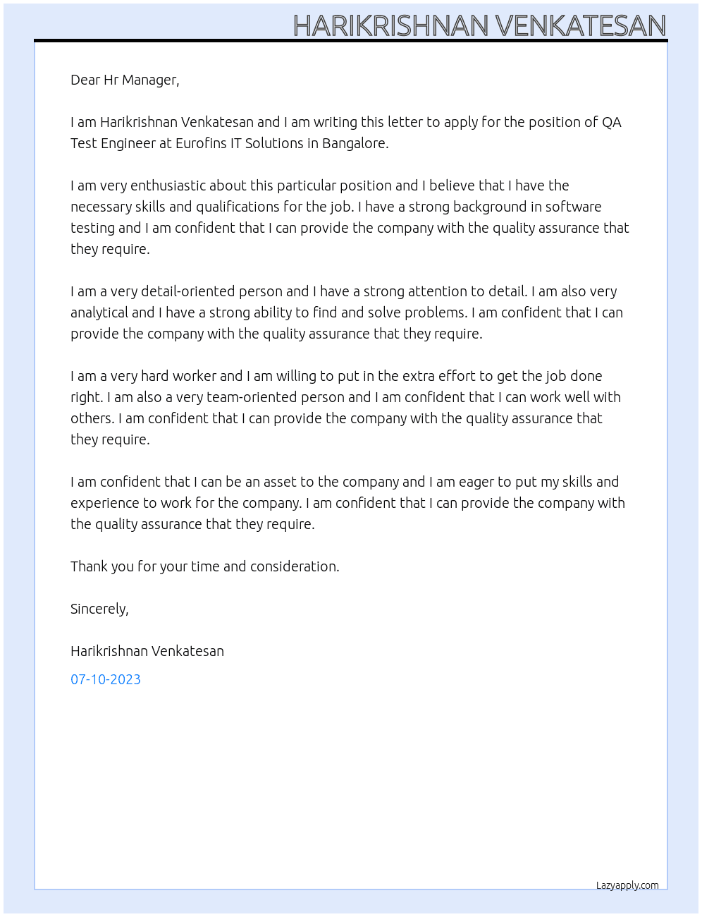 QA Test Engineer  At Eurofins IT Solutions  Cover Letter