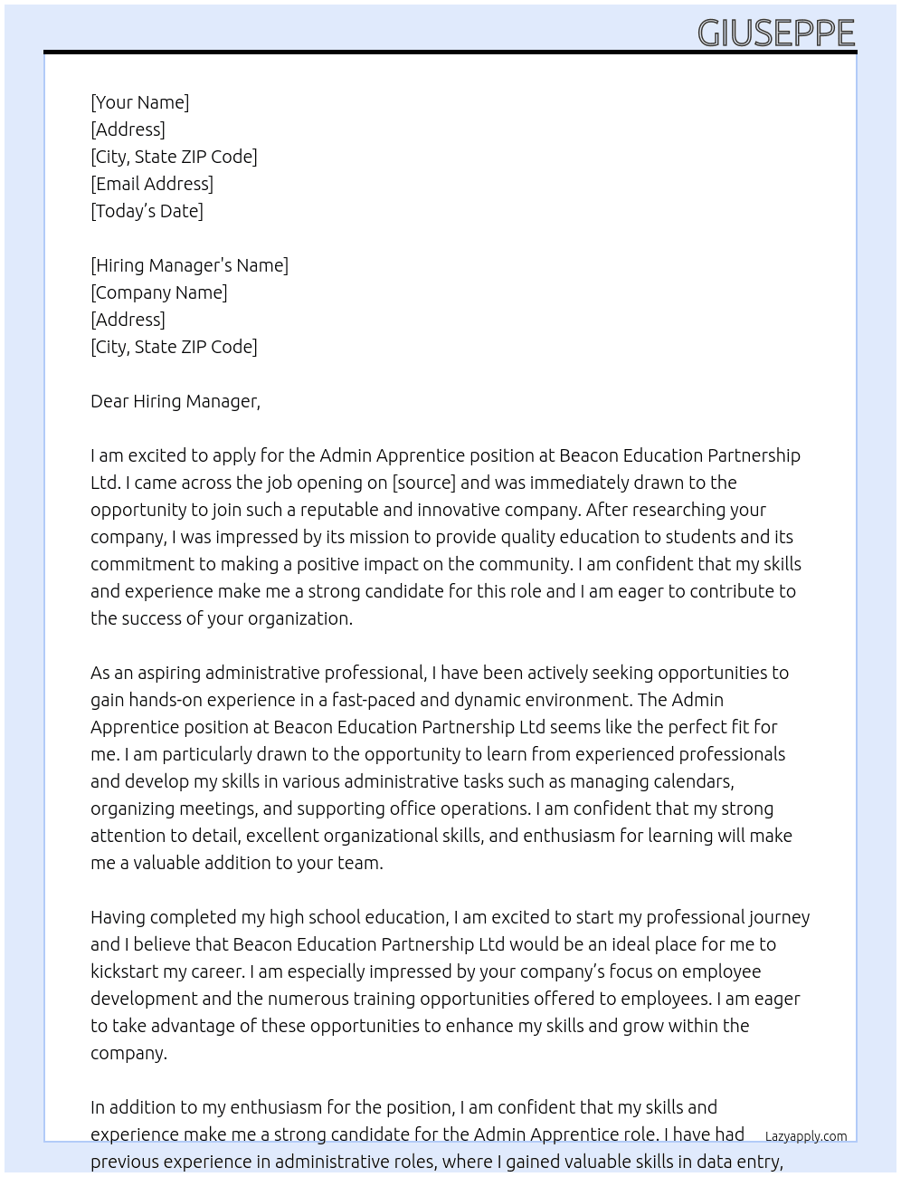 Admin Apprentice At BEACON EDUCATION PARTNERSHIP LTD Cover Letter
