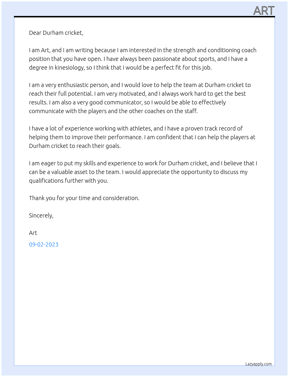 strength and conditioning coach At Durham cricket Cover Letter