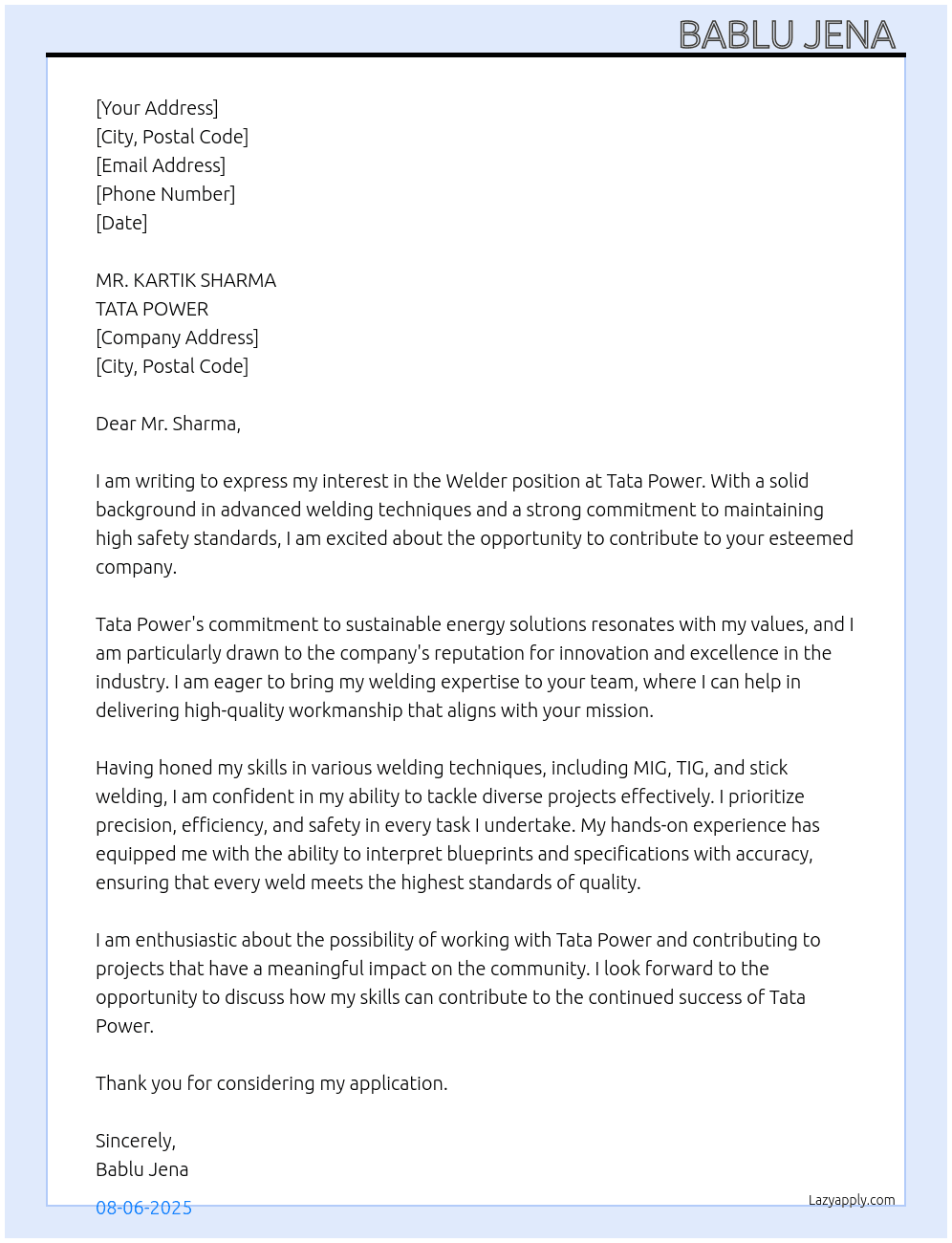 welder  At TATA POWER  Cover Letter