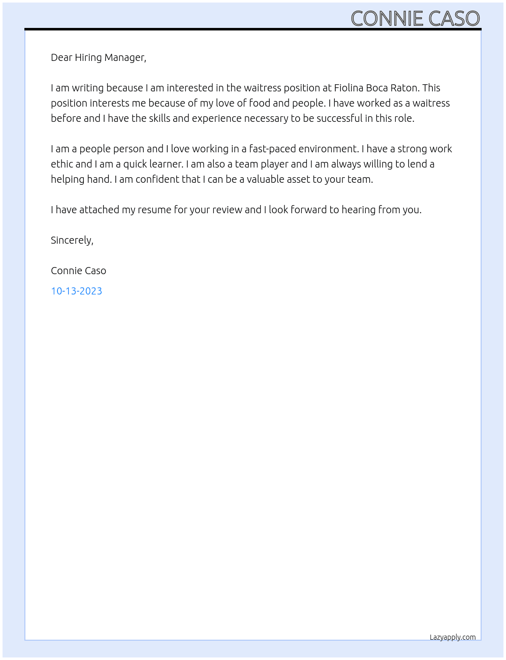 Waitress  At Fiolina Boca Raton  Cover Letter