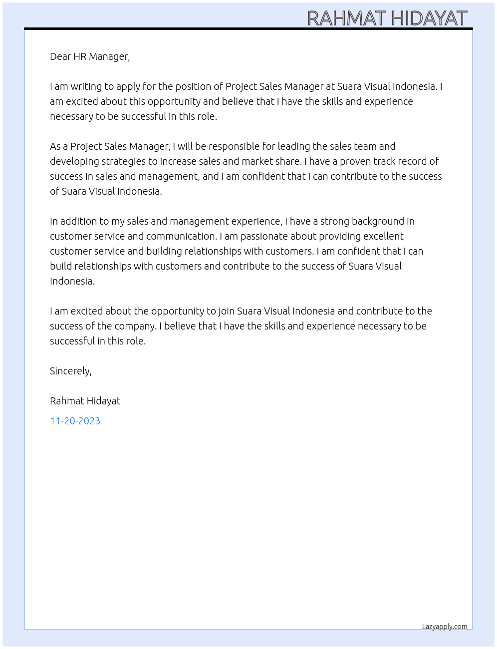 Project Sales Manager  At Suara Visual Indonesia  Cover Letter