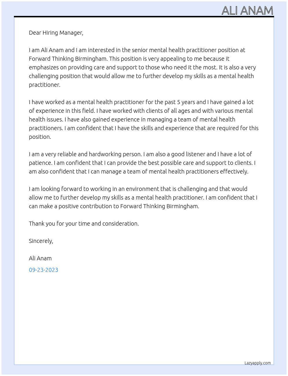 senior mental health practitioner At Forward Thinking Birmingham Cover Letter