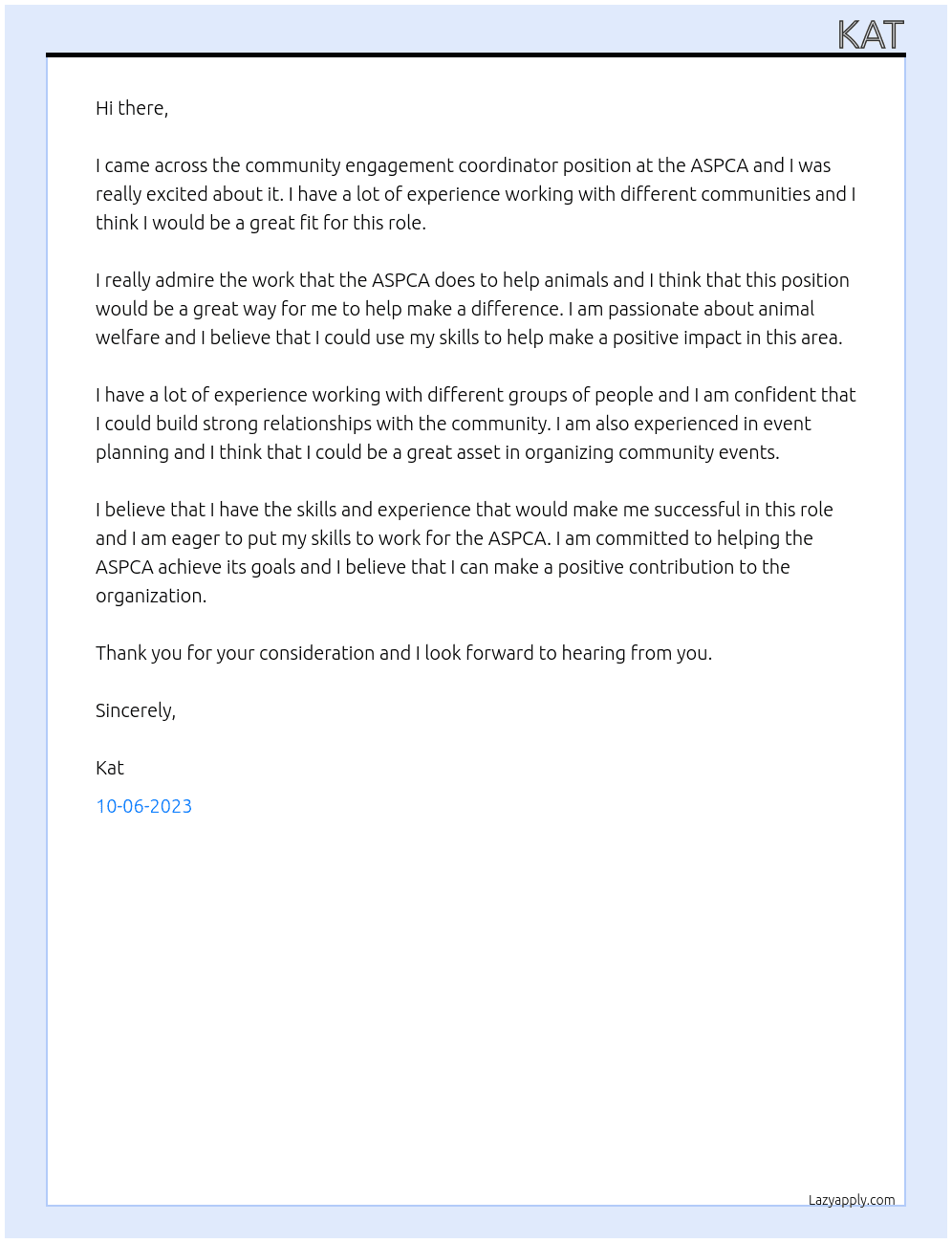 Community Engagement coordinator At aspca Cover Letter