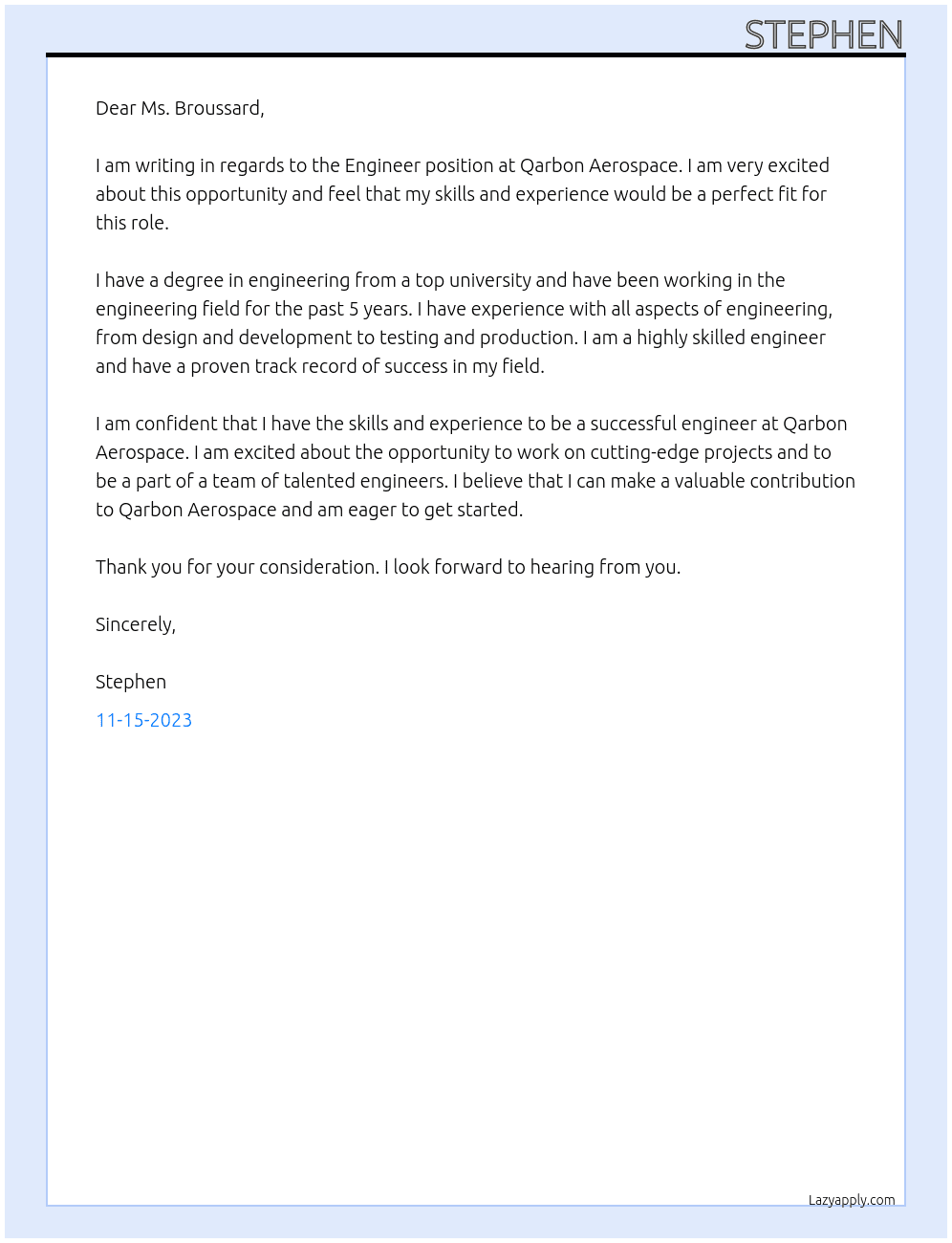 Engineer At Qarbon Aerospace Cover Letter