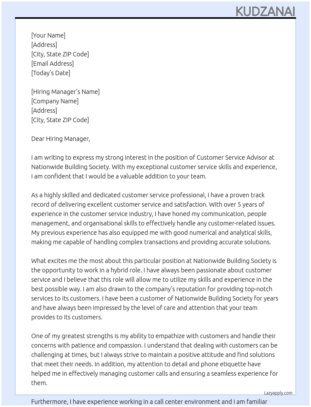 CUSTOMER SERVICE ADVISOR At Nationwide Building Sociaty Cover Letter