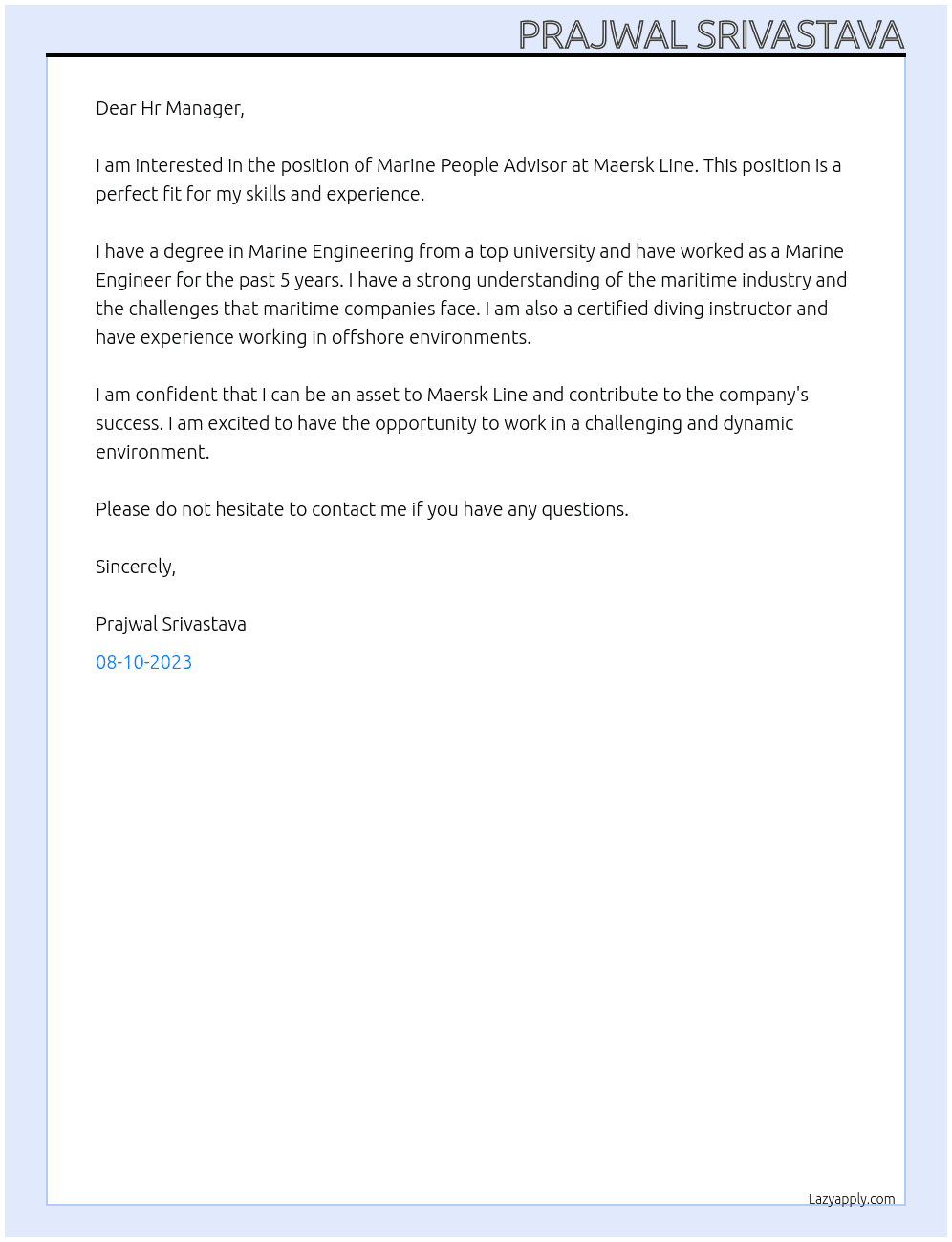 Marine People Advisor At Maersk Line Cover Letter