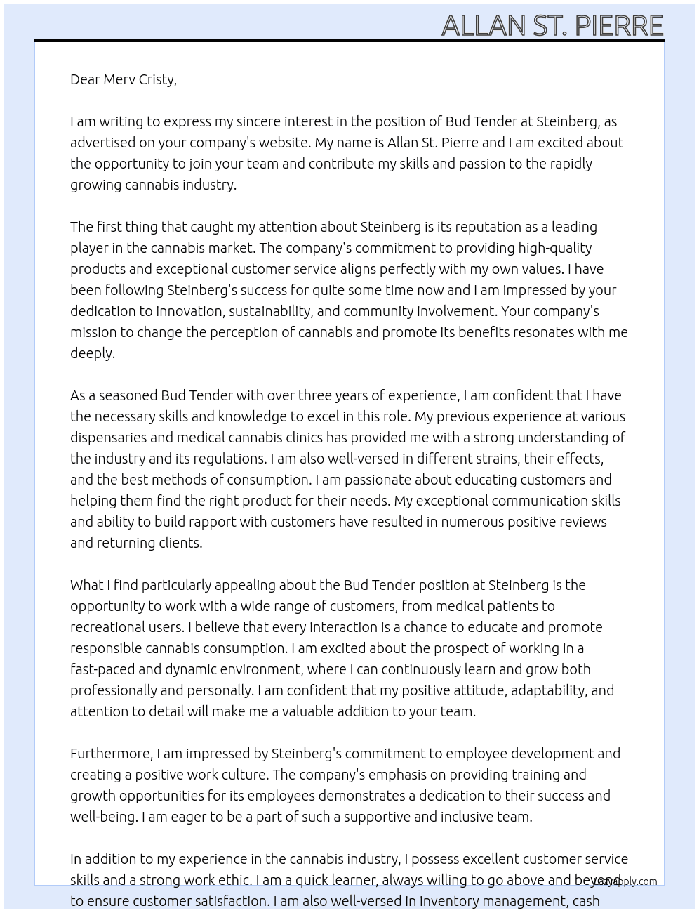bud tender  At steinberg Cover Letter