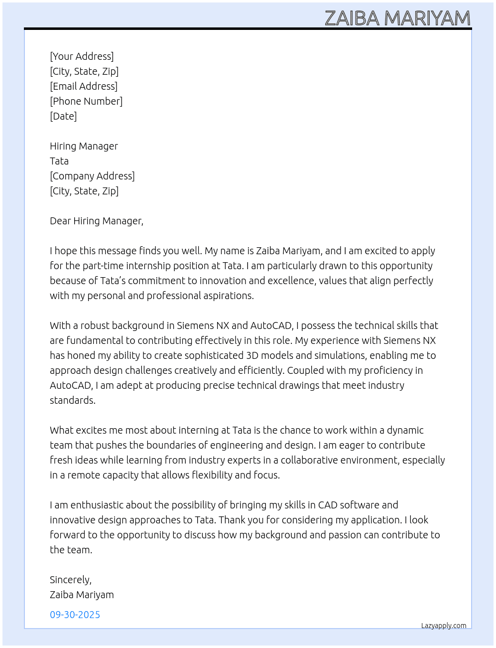 Internship  At Tata Cover Letter