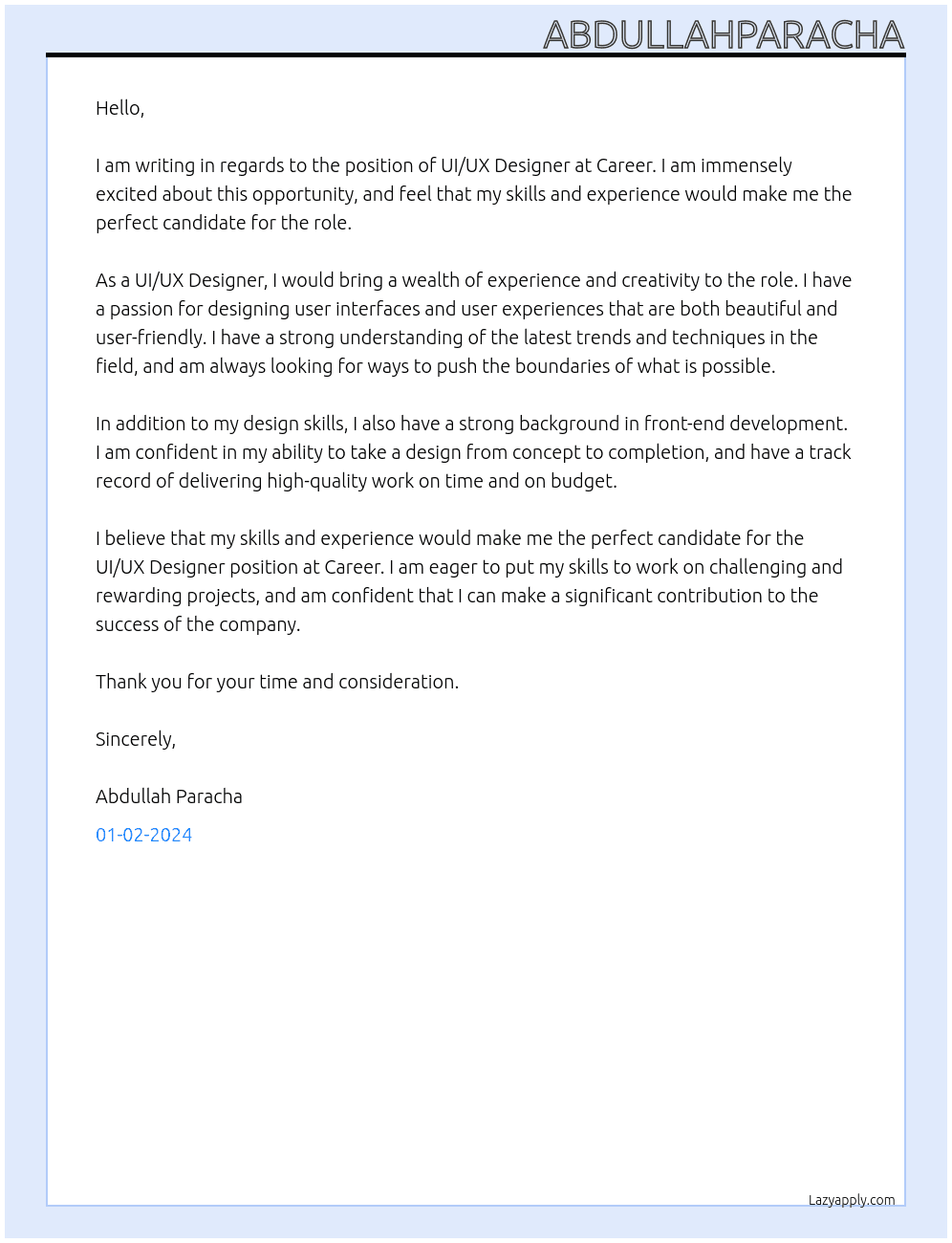 ui ux designer  At career Cover Letter