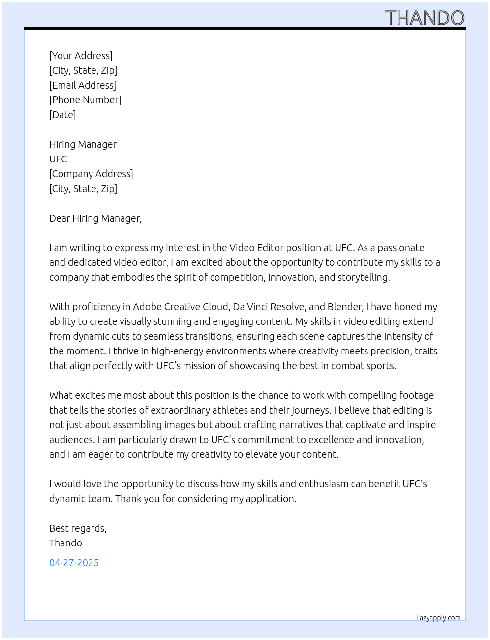 Video Editor At UFC Cover Letter