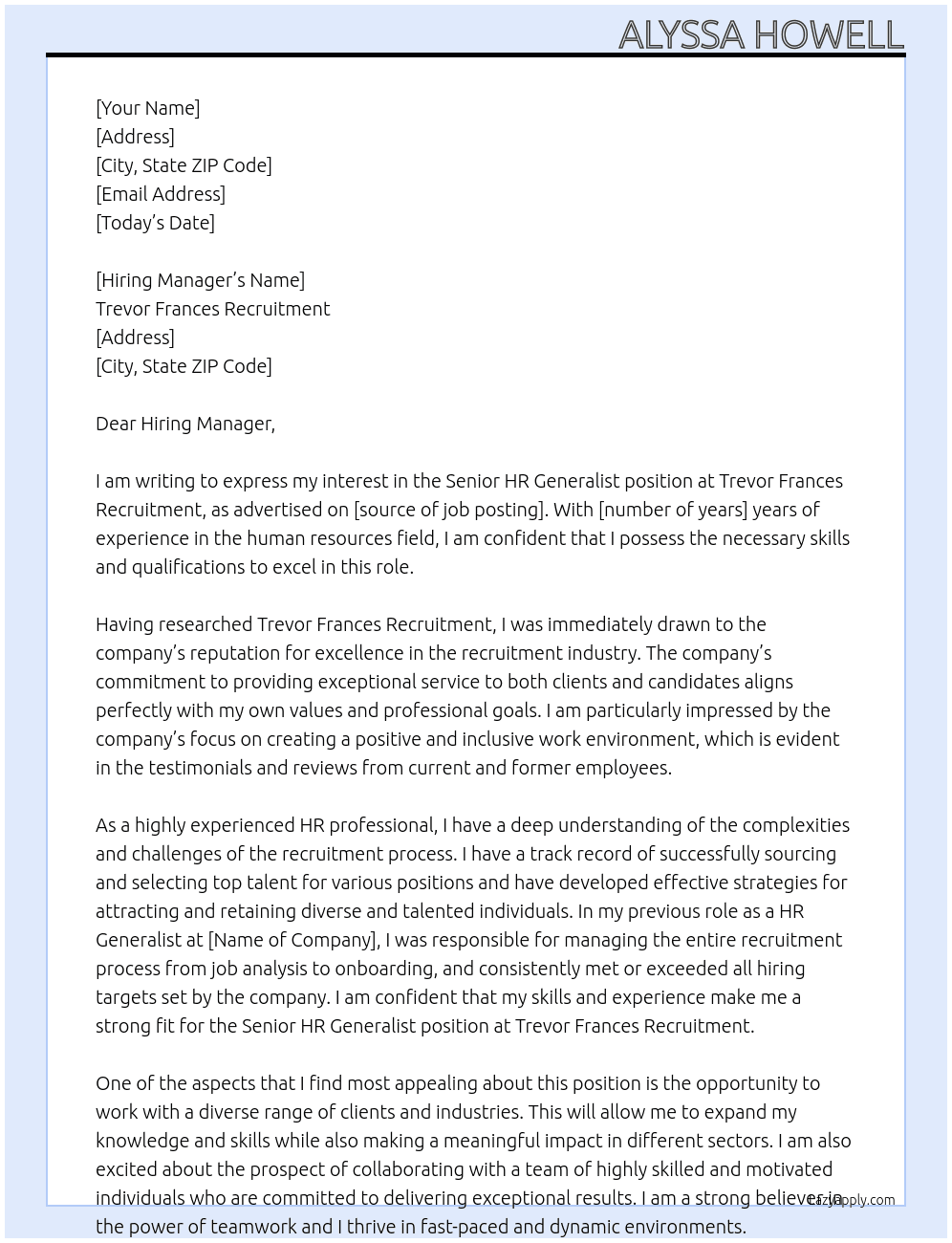 Senior HR Generalist At Trevor Frances Recruitment Cover Letter