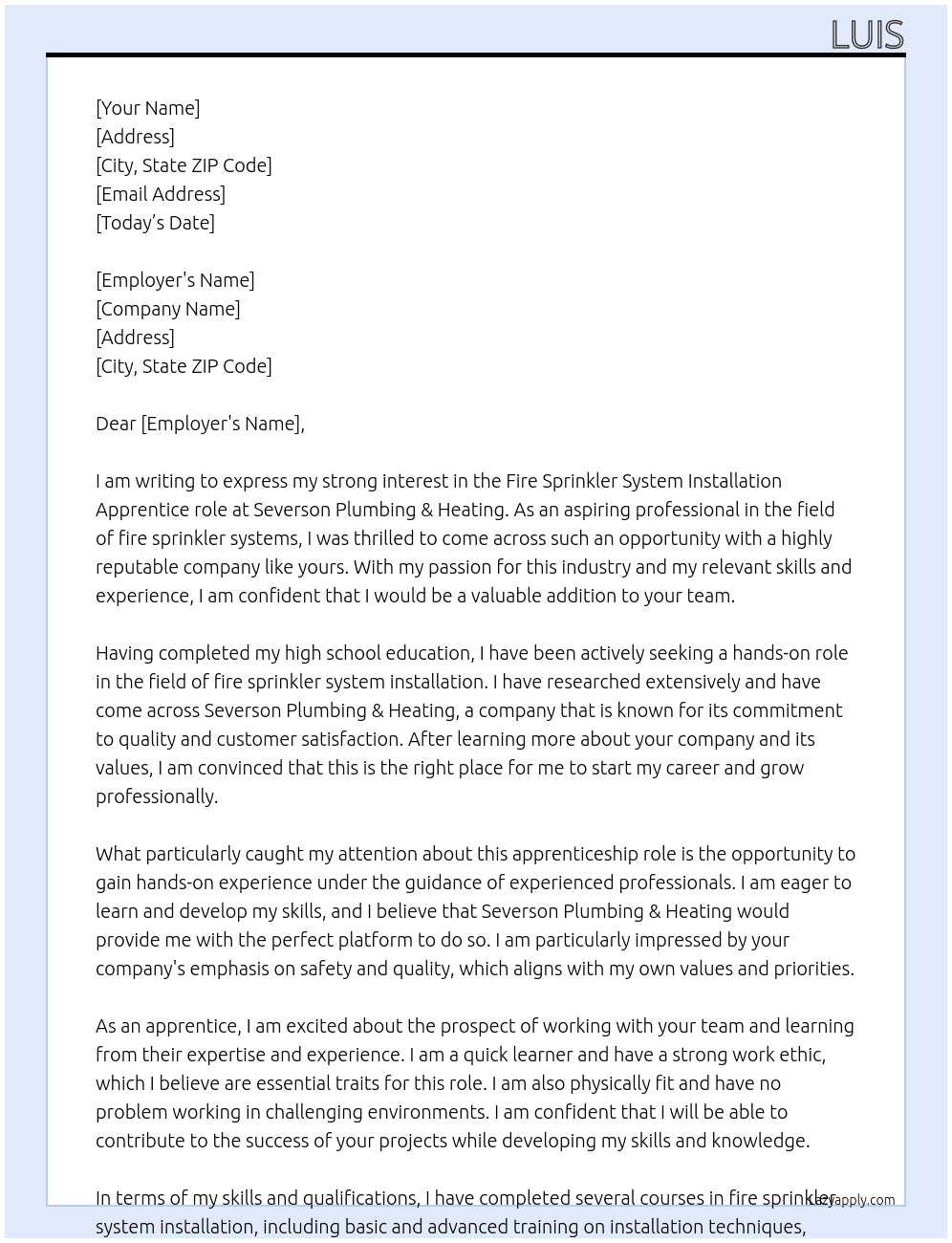 fire sprinkler system installation apprentice At Severson Plumbing & Heating Cover Letter
