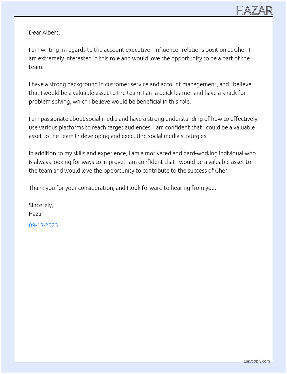 account executive - influencer relation At gher Cover Letter