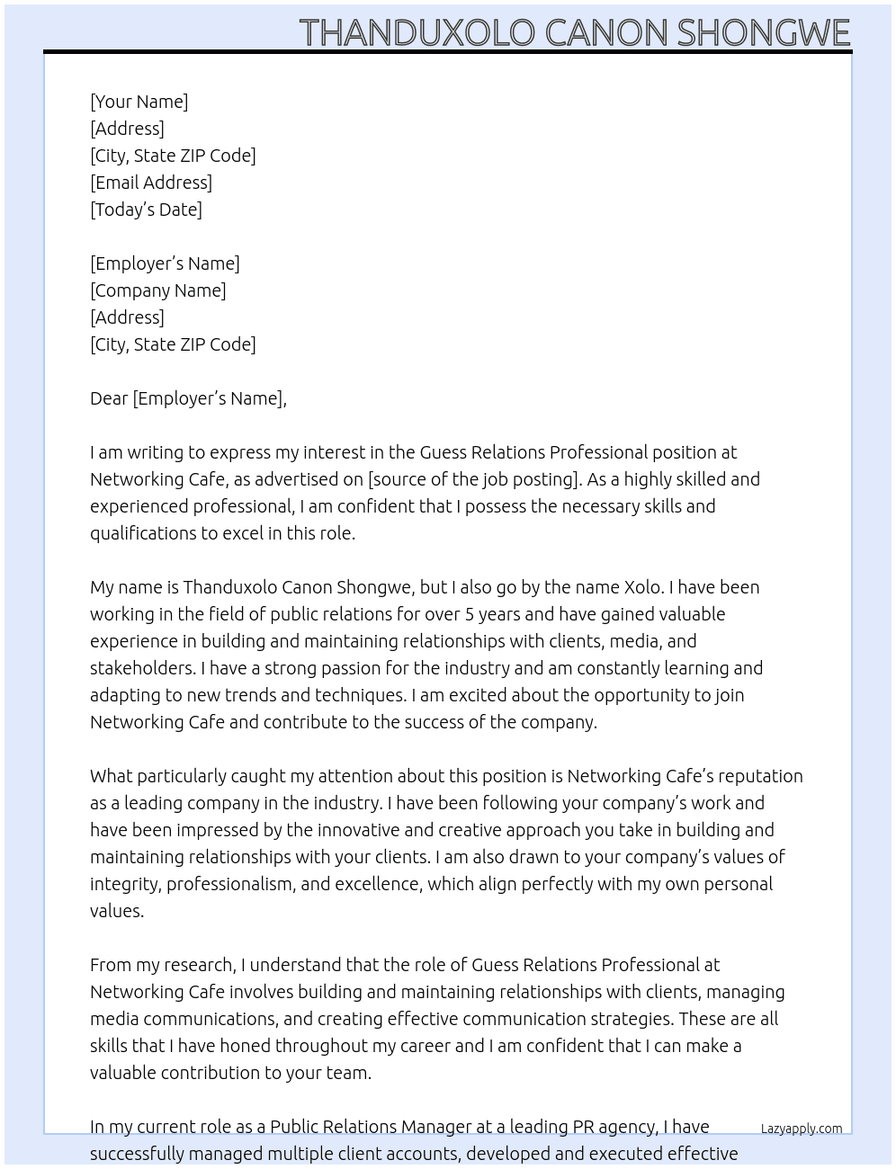 Guess relations professional  At Networking Cafe Cover Letter