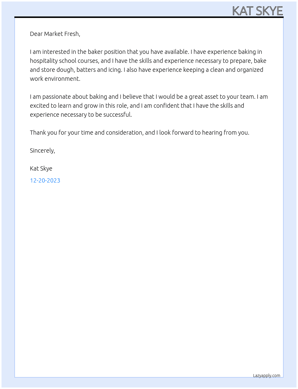 Baker At Market Fresh Cover Letter