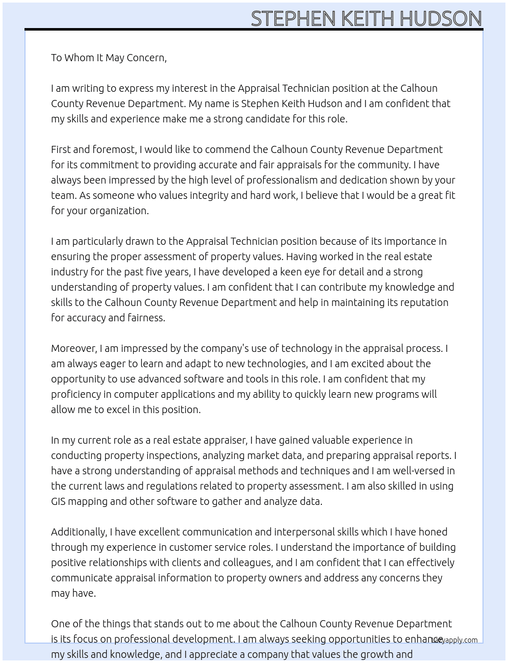 Appraisal Technician  At Calhoun County Revenue Department  Cover Letter