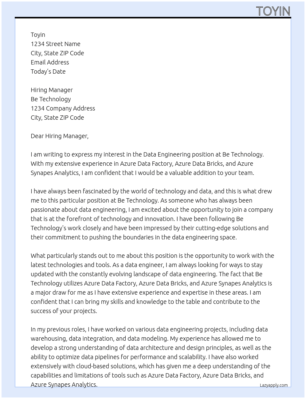 data engineering At Be Technology Cover Letter