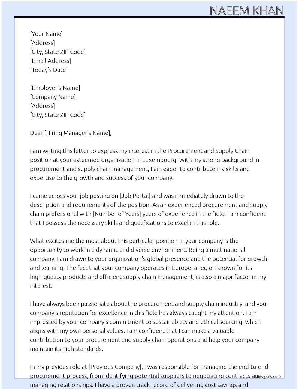 Procurement and supply chain At European country Cover Letter