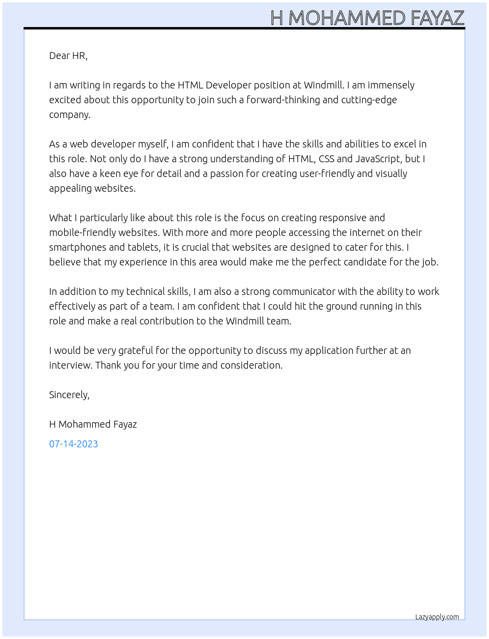 HTML Developer  At Windmill  Cover Letter