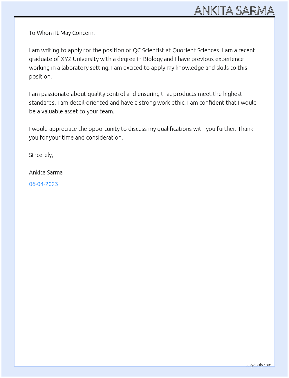 QC scientist At Quotient sciences Cover Letter
