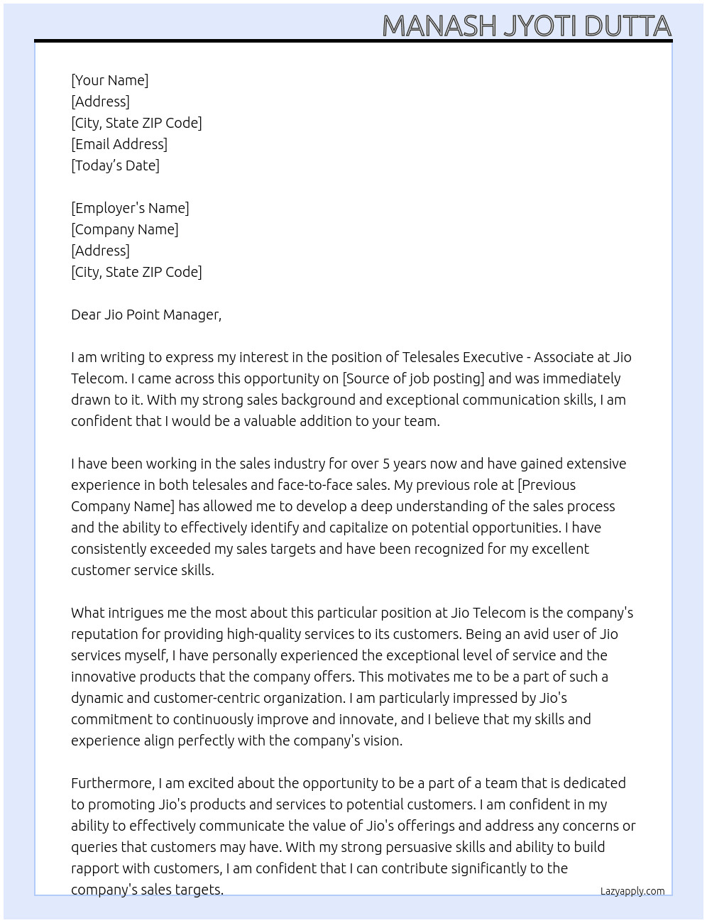 Telesales Executive - Associate  At Jio Telecom  Cover Letter