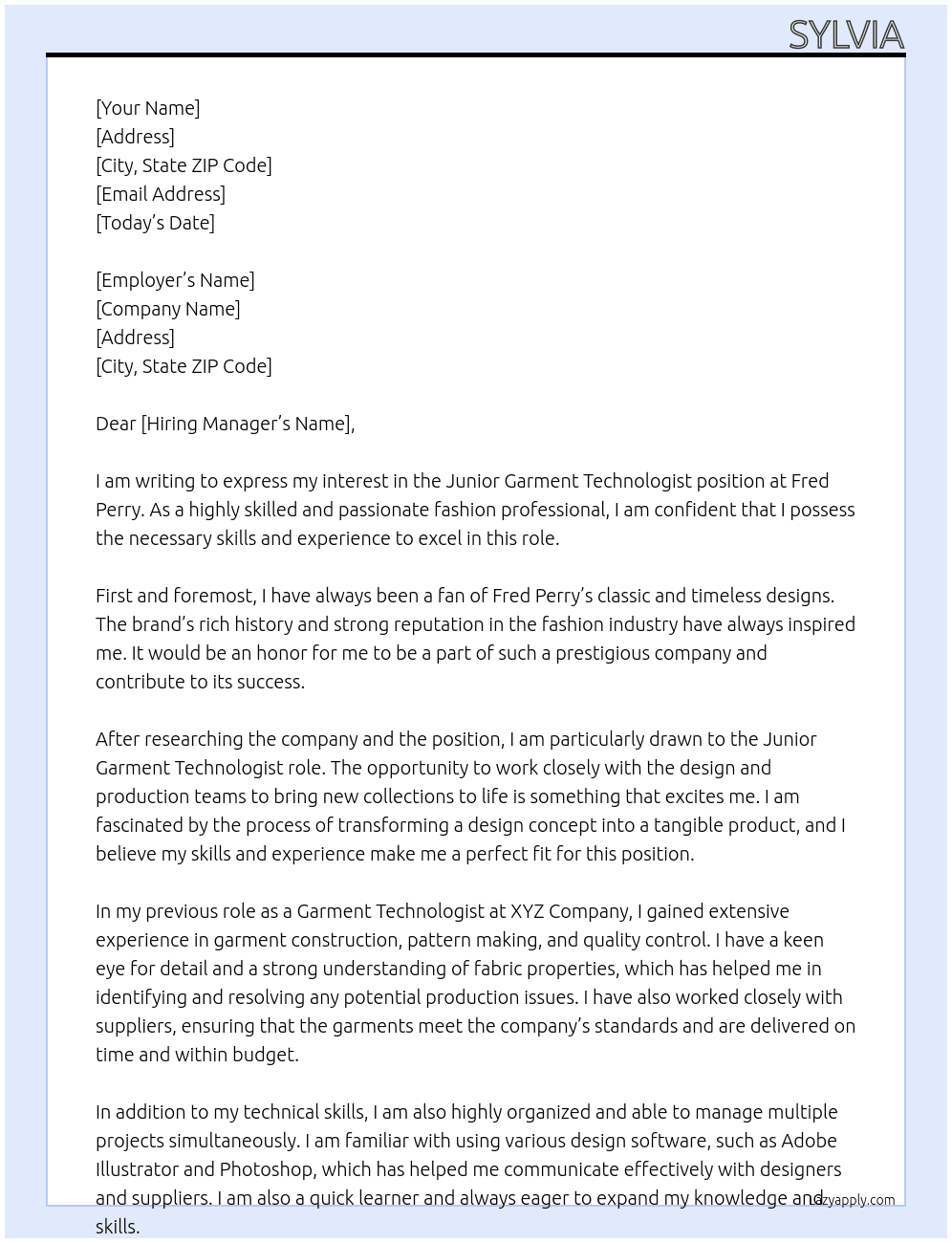 junior garment technologist At fred perry Cover Letter
