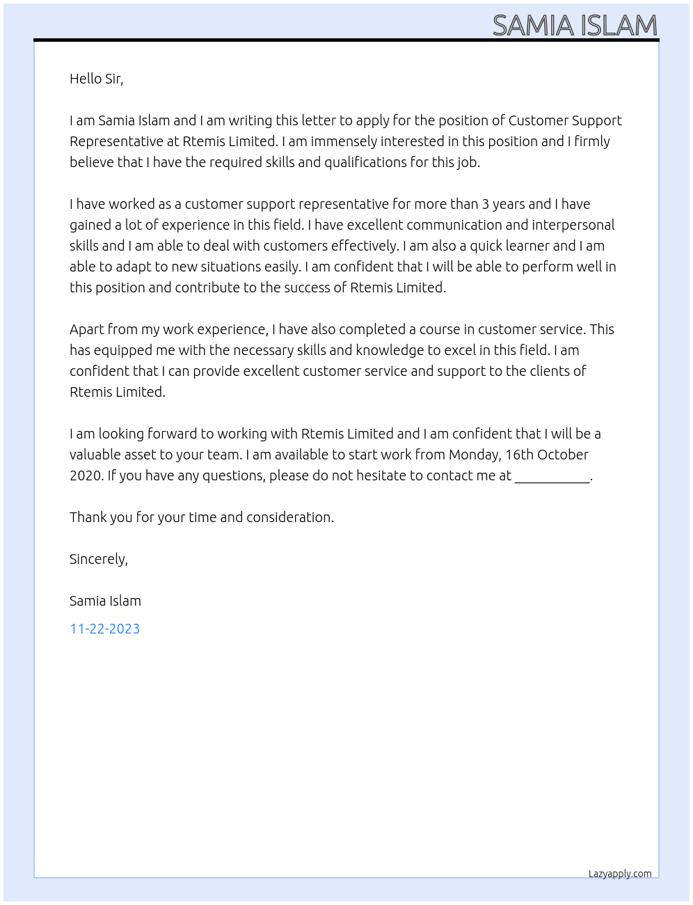  Customer Support Representative At Rtemis Limited Cover Letter