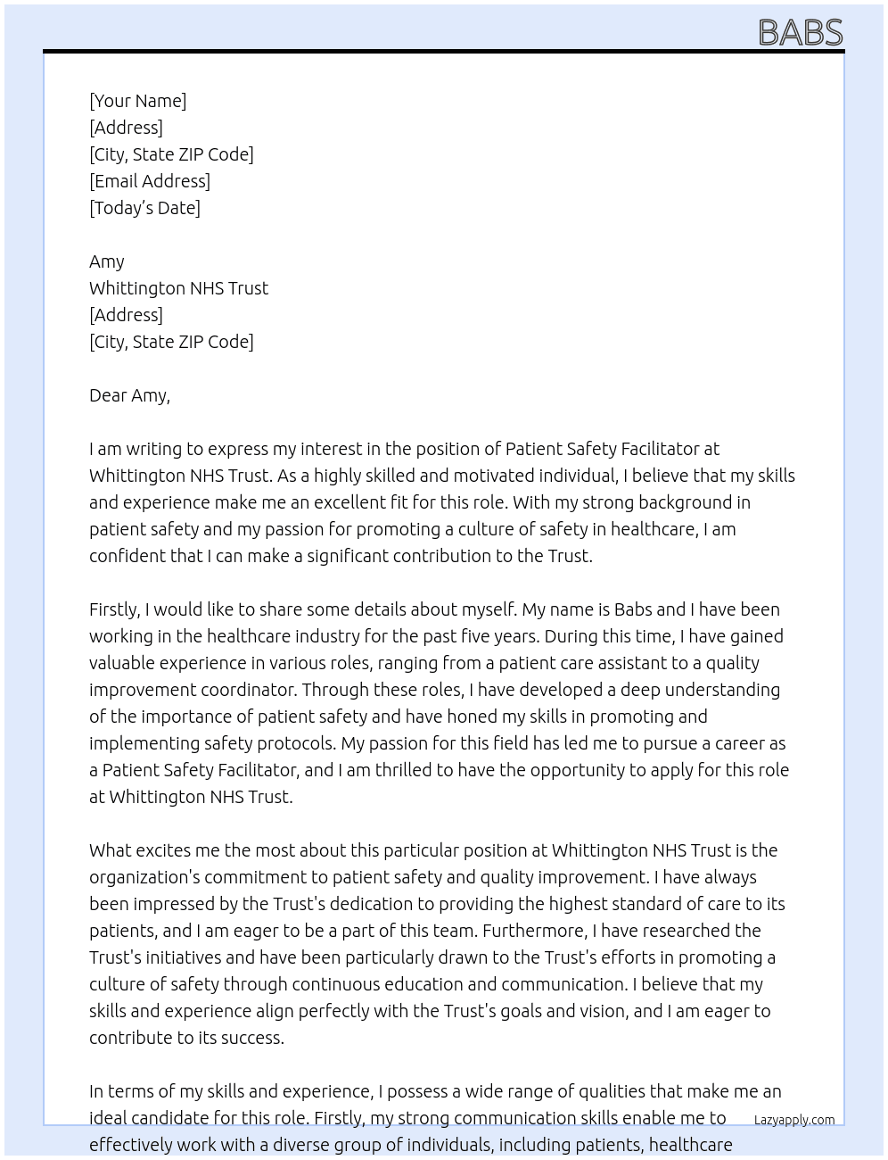 patient safety facilitator At Whittington NHS Trust Cover Letter