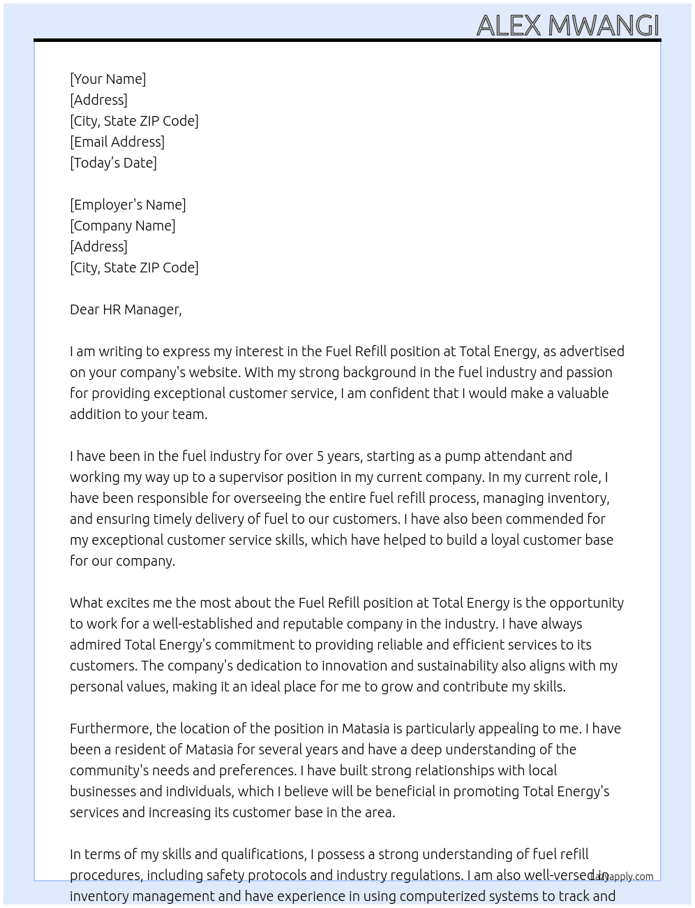 Fuel refill At Total energy  Cover Letter