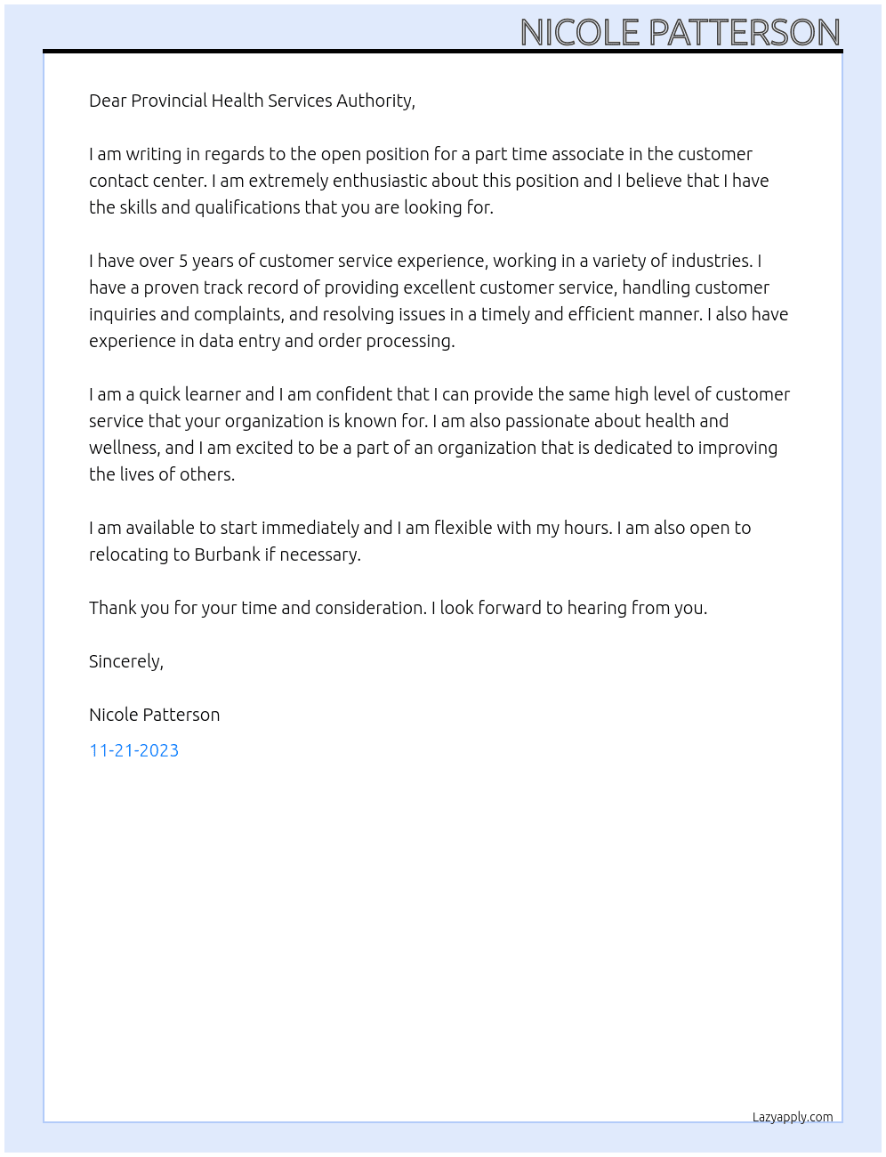 Customer contact center At Provincial health services authority  Cover Letter
