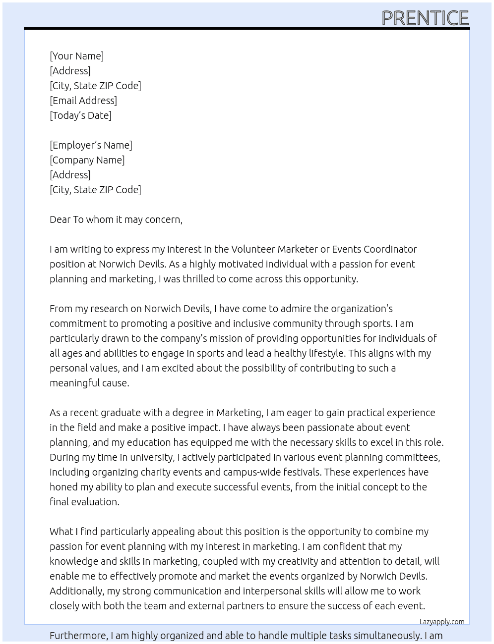 Volunteer Marketer or Events Coordinator At Norwich Devils Cover Letter