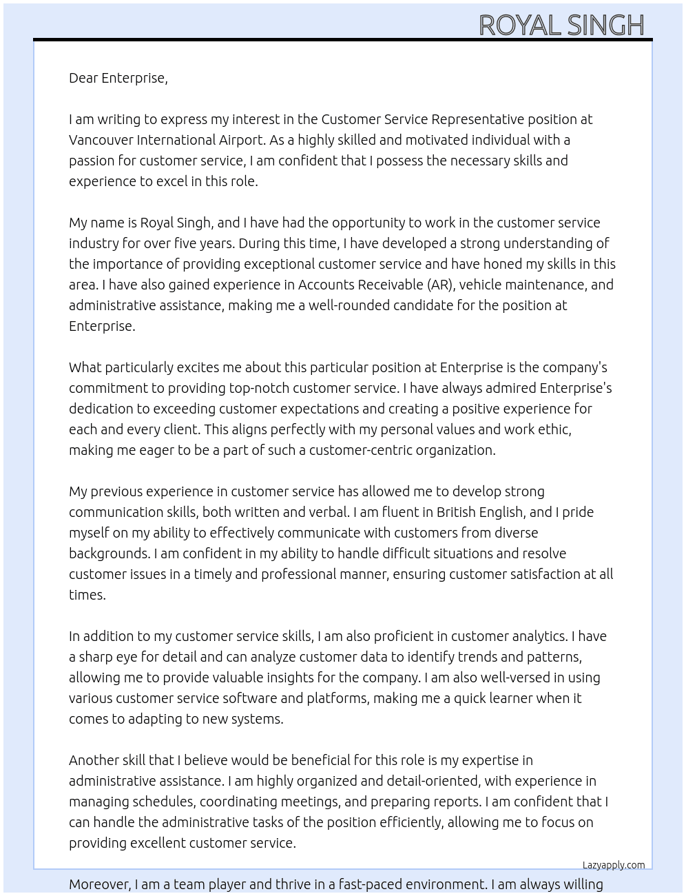 Customer Service Representative , Vancouver International Airport  At Enterprise  Cover Letter