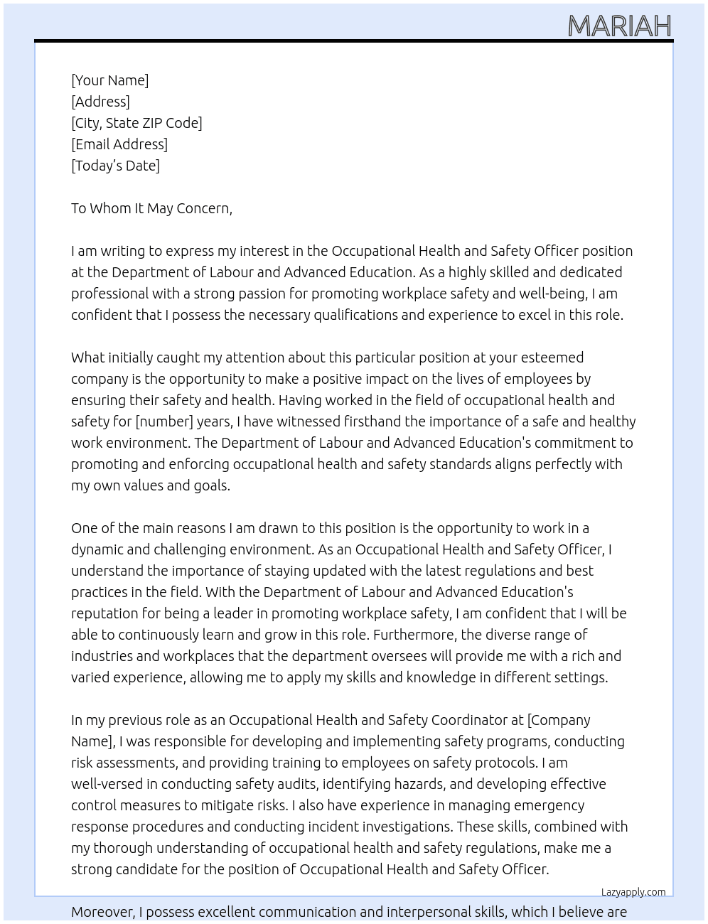 Occupational Health and Safety Officer At Department of Labour and Advanced Education Cover Letter