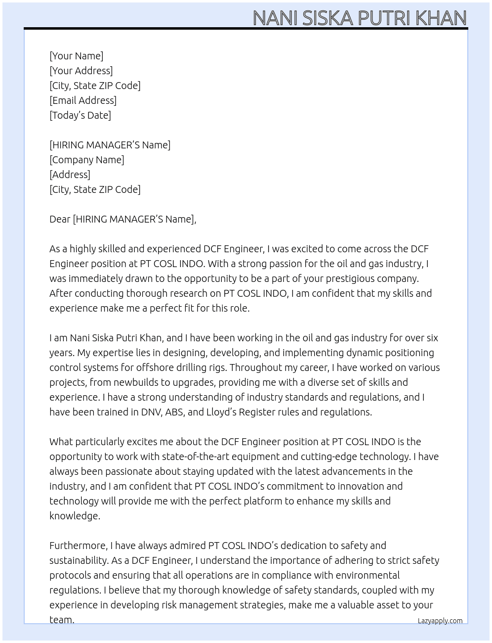 DCF ENGINEER  At PT COSL INDO Cover Letter