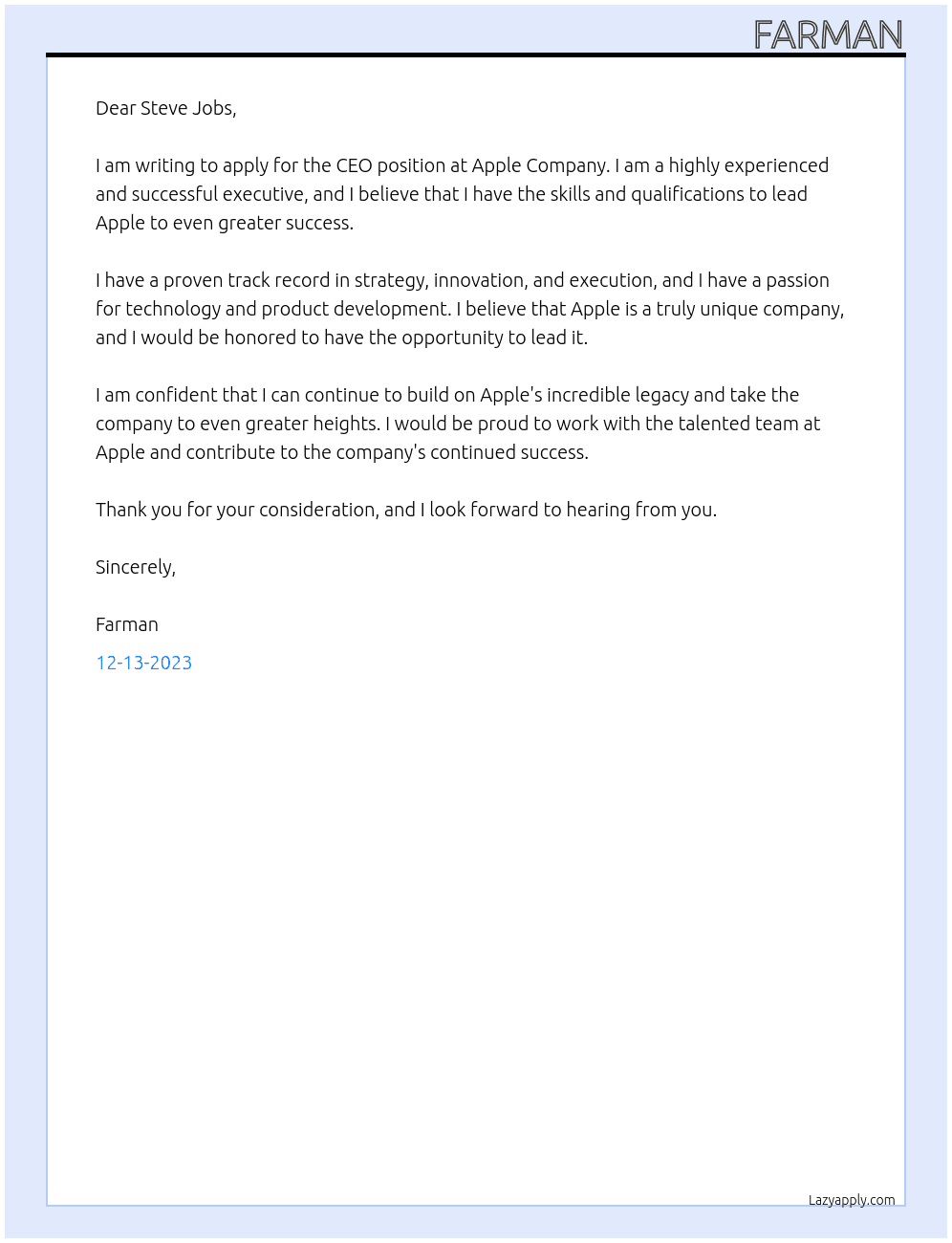 CEO At APPLE COMPANY Cover Letter
