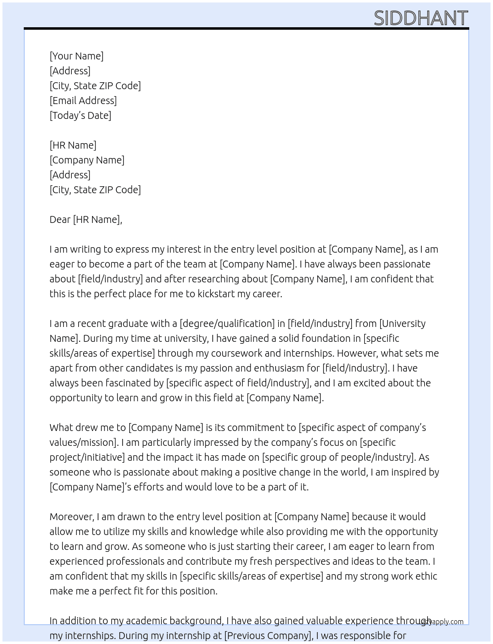 entry level  At day to day  Cover Letter