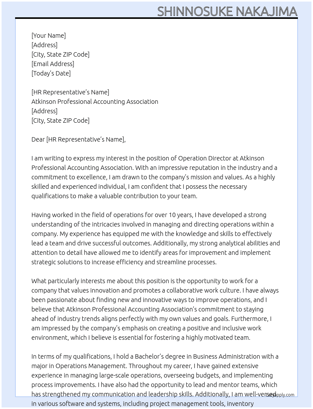 Operation director At Atkinson Professional Accounting Association Cover Letter